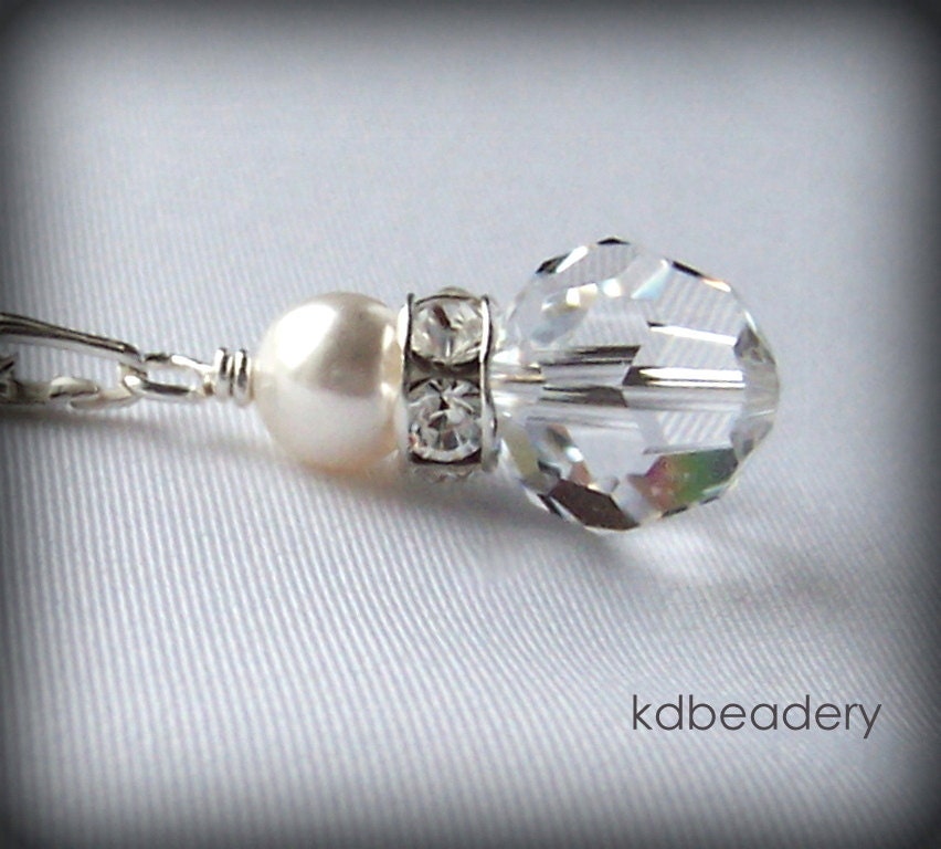 Sparkly Crystal Pendant. Swarovski Pearl Necklace. Bridal. Sterling Silver.