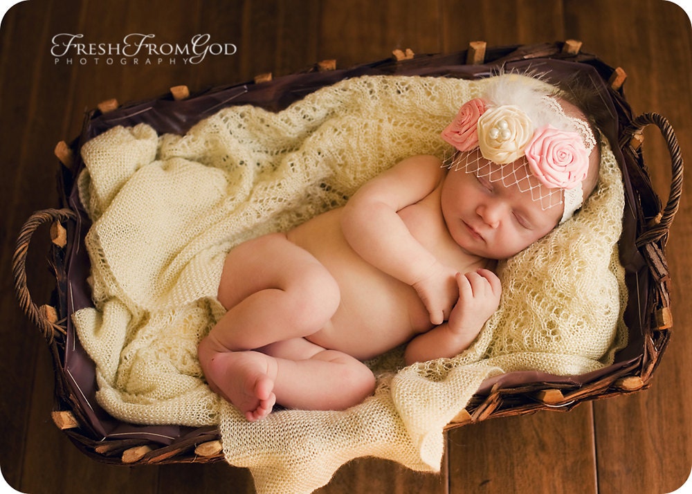 Marie Antionette - Couture Pink and Ivory Cream Rosette Trio Headband with Birdcage Veil Lace Feathers for Newborn Baby Girls or Women