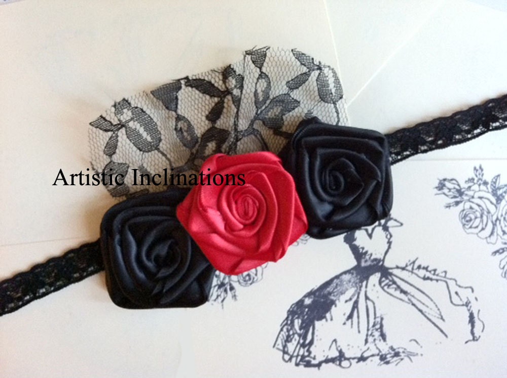 Masquerade Ball - Gorgeous Red and Black Handmade Trio of Rosettes Headband for Girls Toddler Women Newborn Infant Baby - Perfect for Party