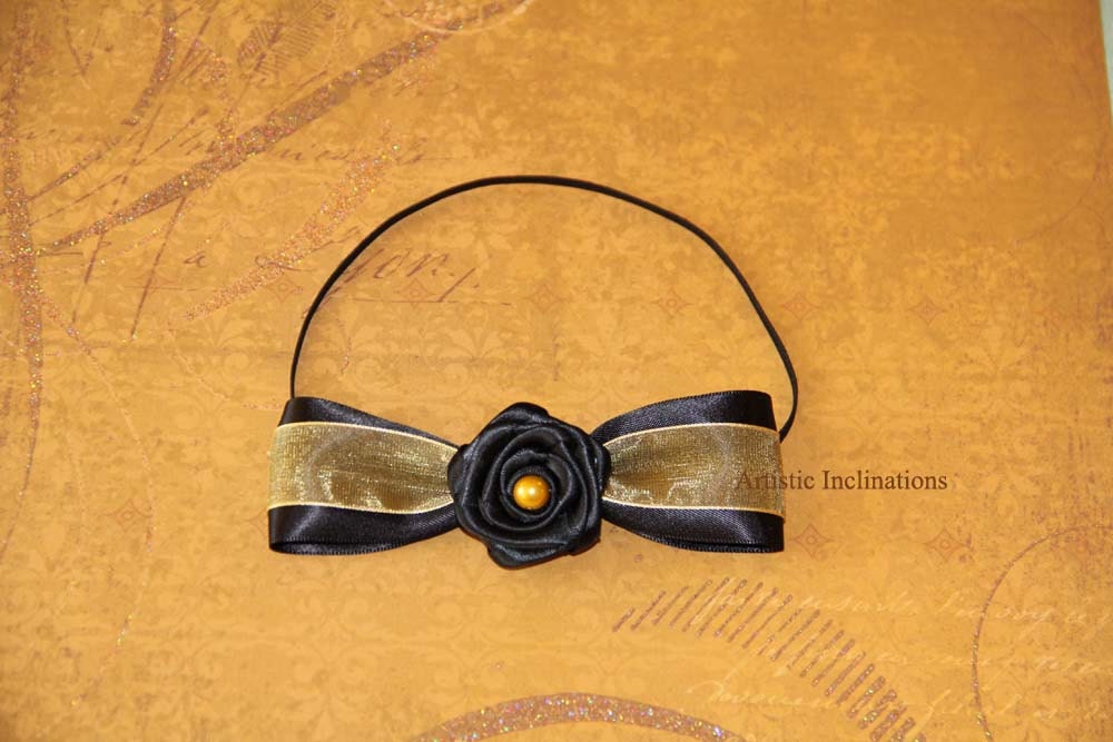 All Tied Up - Bow Headband, Baby Headband, Black Bow, Gold Bow, Handmade Rosette, Black Satin Rosette, Newborn Prop