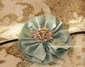 Misty Sky - Handmade Foggy Blue Dupioni Silk Flower Headband, Hairclip for Women, with Gorgeous Rhinestone, Headband for Toddler Girl
