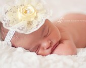 Ray of Sun - Handmade HEADBAND - Yellow Rose and Lace Flower for Baby Girl, Toddler or Newborn Photo Prop