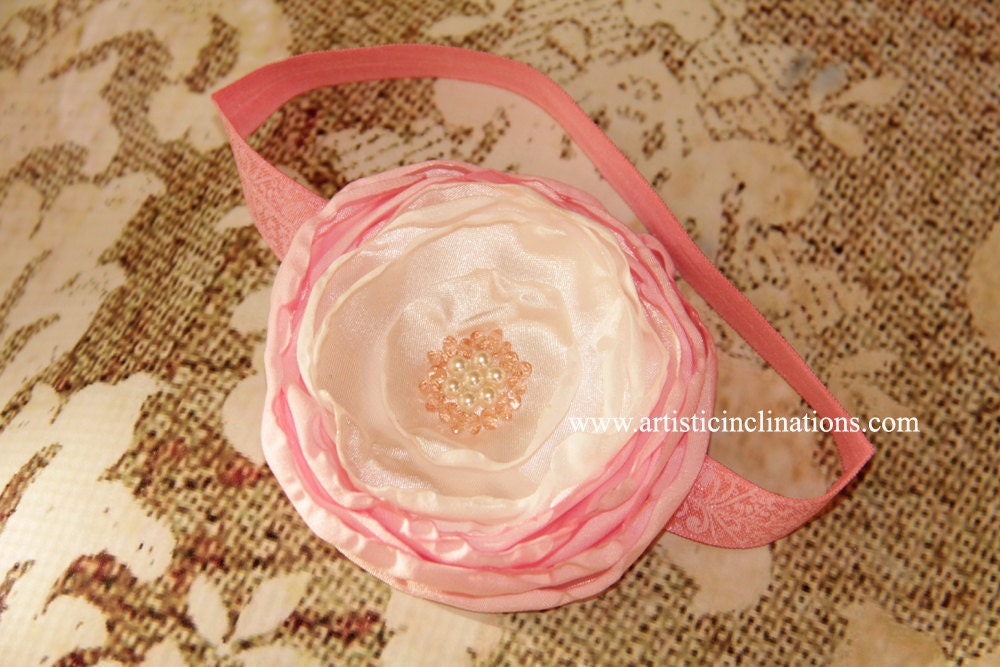Little Lady - Handmade Satin Flower Headband, Pink and Ivory Girls Headband
