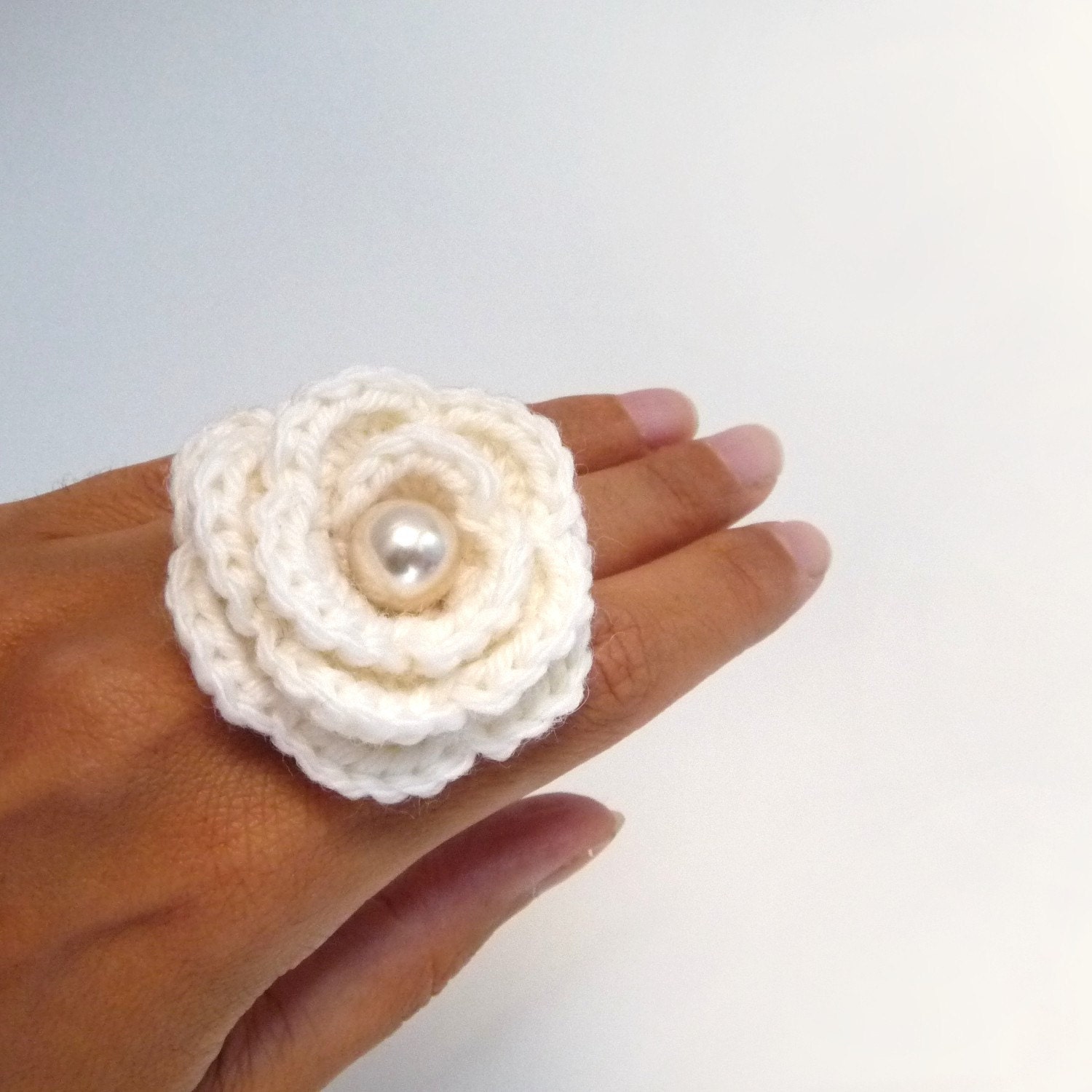 Crochet Flower Ring Cream White Adjustable Handmade - WINTER ROSE