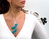 Silver chain necklace with crochet turquoise hearts pendants, lobster clasp closure and extender chain - TINY HEARTS