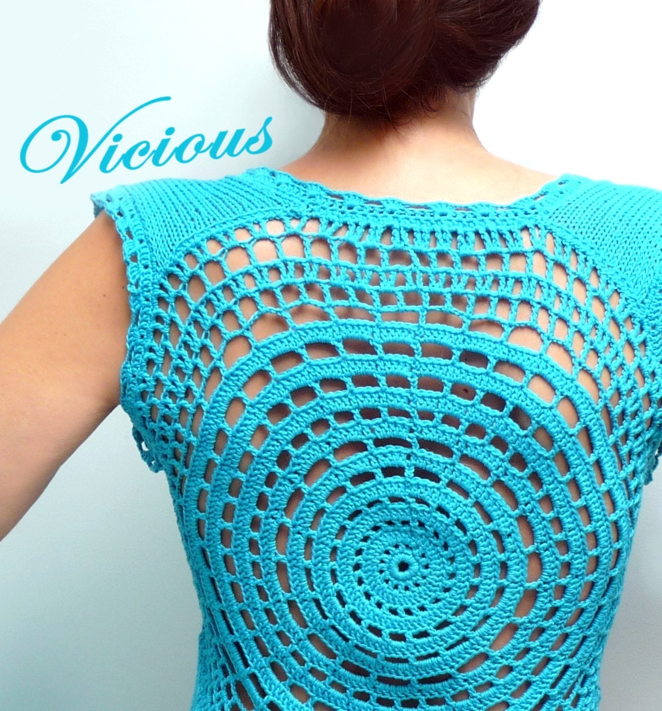 Summer Crochet and Knit Turquoise Cotton Tank top, Vest - Spring and Summer clothing - VICIOUS CIRCLE