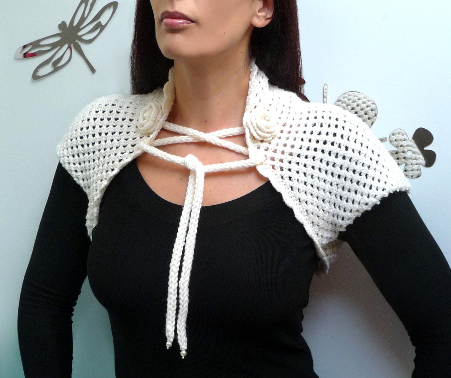 Knitted White Shrug - Lacy Wool Bolero with Crocheted Borders - WHITE GARDEN