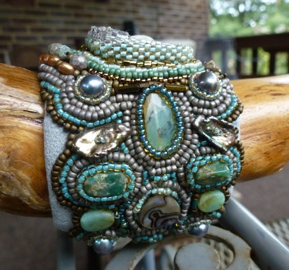 Queen of the Nile Hand Beaded Embroidered Raku Porcelain Gemstone Cuff Style Bracelet