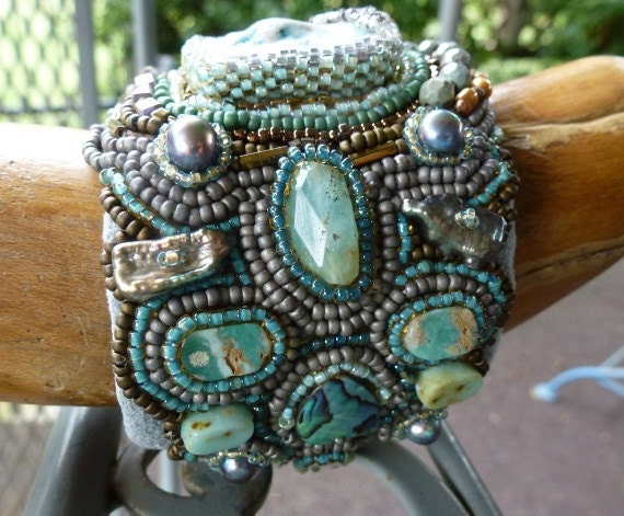 Queen of the Nile Hand Beaded Embroidered Raku Porcelain Gemstone Cuff Style Bracelet