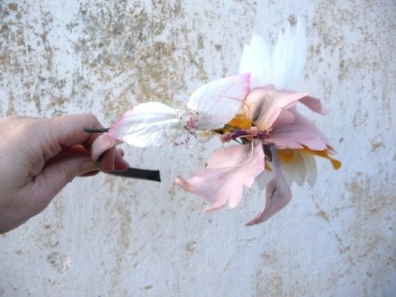 Silk flower and leave feathers and velvet handmade headband