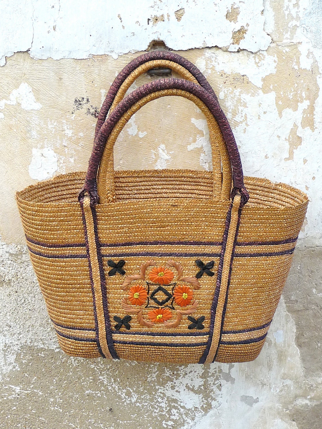 1960s French embroidered raphia basket