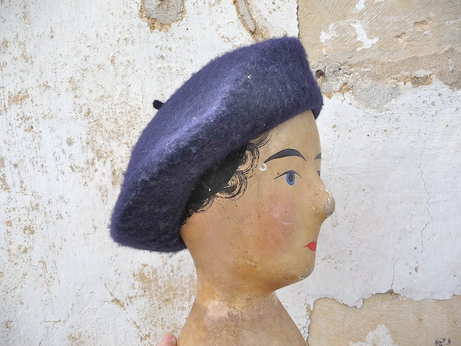 Vintage French beret wool felt navy blue
