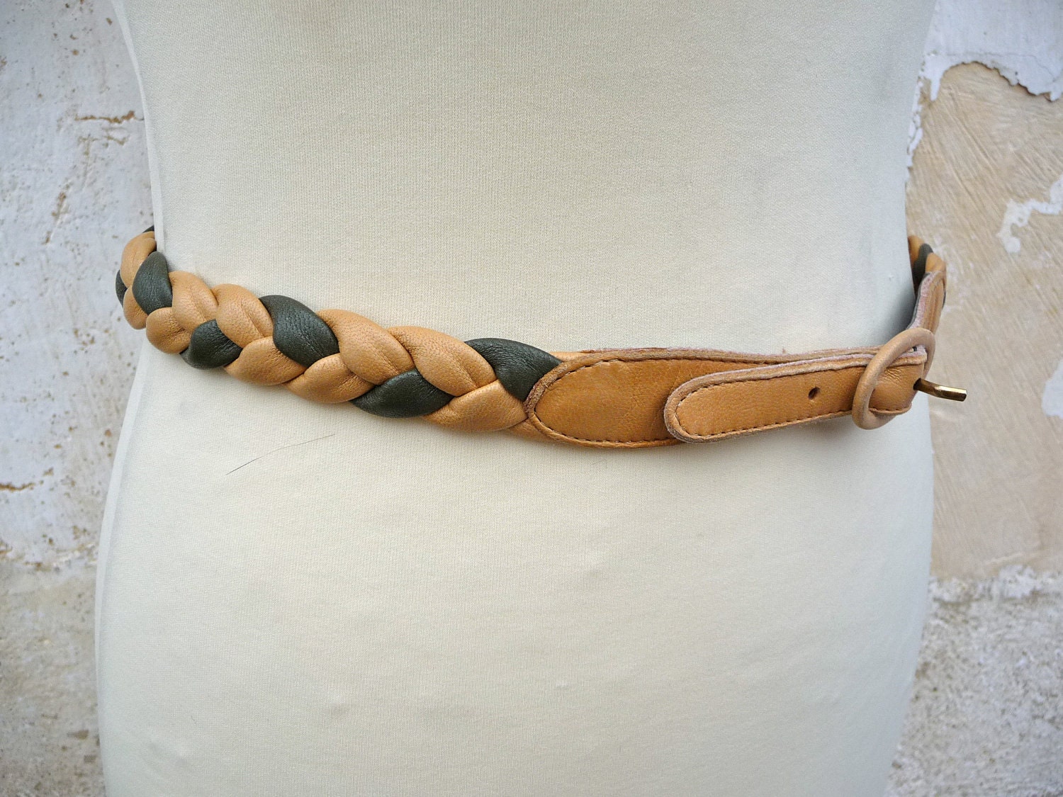 1970s braided belt leather mustard and olive green
