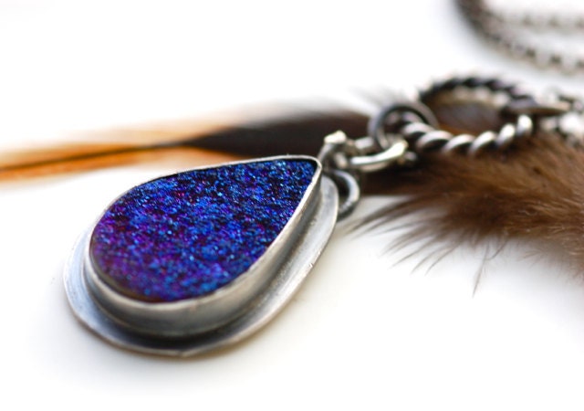 20% OFF SALE- Use Coupon Code WINTER2011-Cobalt Blue Titanium Drusy Necklace- Handcrafted in Sterling Silver