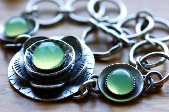 Modern Bracelet in Oxidized Sterling Silver and Chalcedony Handmade Artisan Bracelet Botanical Metalwork