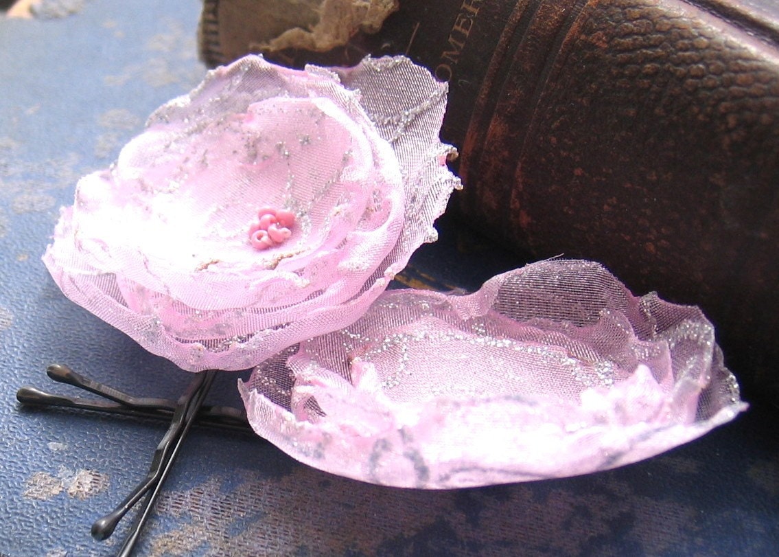 Recycled Fabric Floral Hair Pins Fairy Pink with Pink Seed Beads
