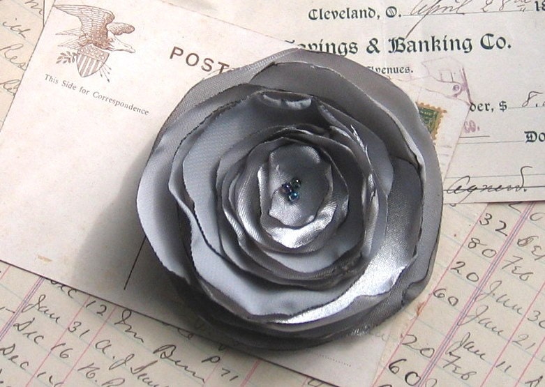 Slate Gray and Petite Beads Fabric Flower Brooch No. 3