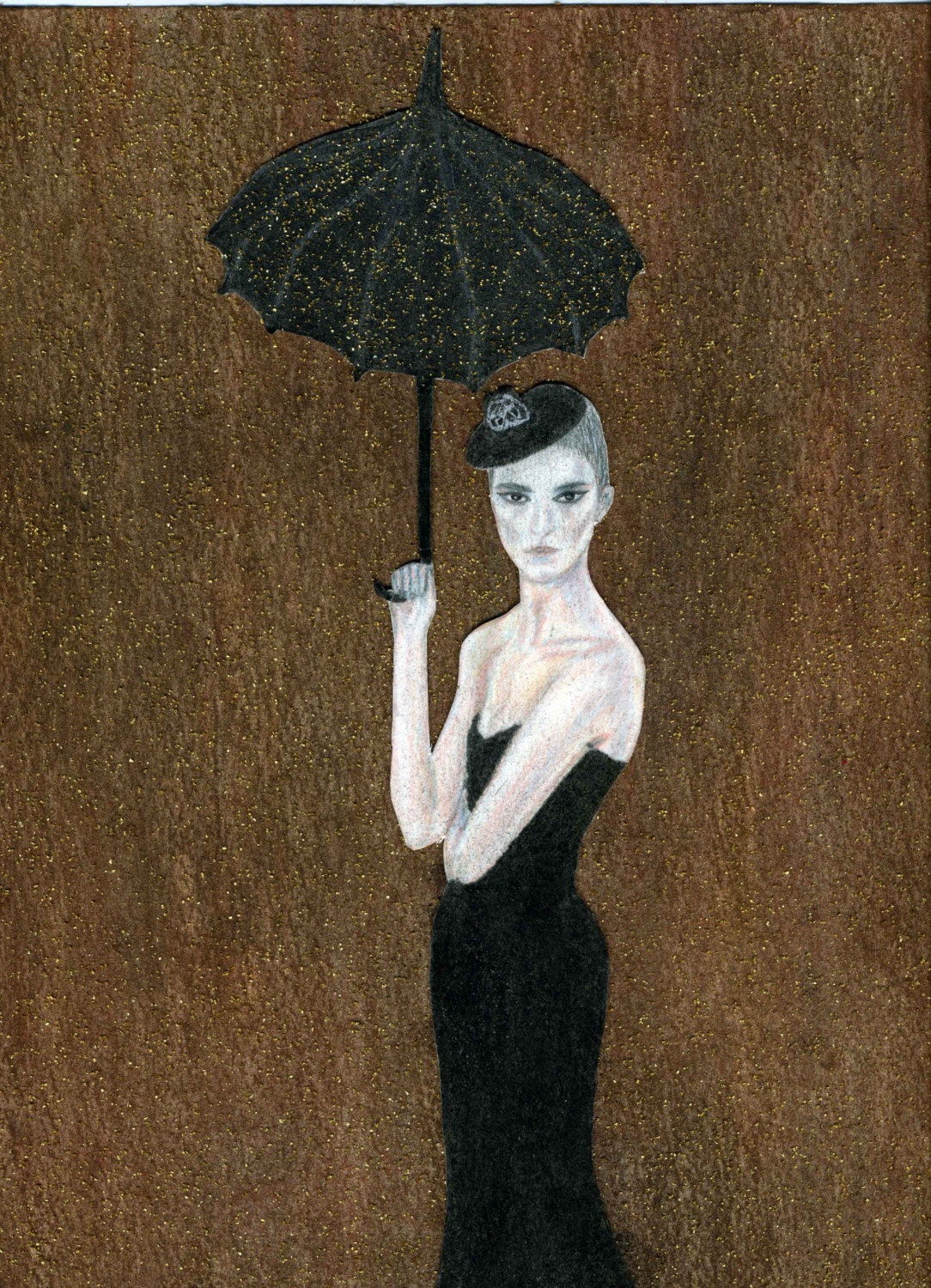 Art Print, 8x11, Girl with Black Umbrella, rain, gold, glitter, little black dress, fascinator