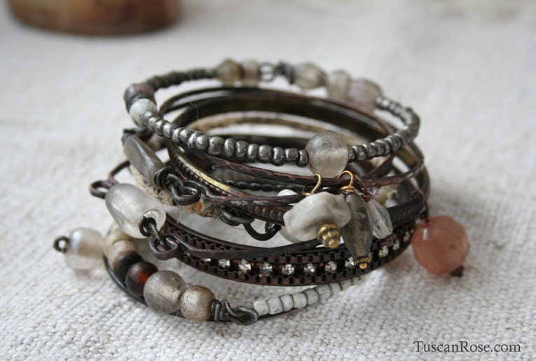 Bangle Stack 118b - set of 10 Bangles - urban gypsy bracelets - neutrals