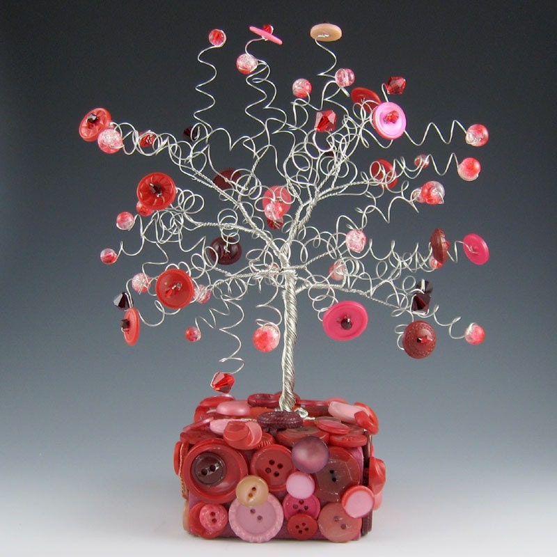 Tree Cake Topper Wedding - Wire Button Tree in Pink and Red OOAK15