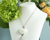 Statement Necklace, White Rose Necklace With a Stunning Clear Vintage Crystal Jewel and White Rose