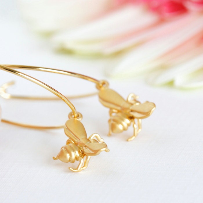 Bee Earrings - Honey Bee Gold Hoop Earrings - Tiny Matte Gold Honey Bee Charms - Summer Fashion - JacarandaDesigns