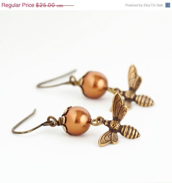 Sale - Pearl Honey Bee Earrings, Bronze Pearl Earrings, Etched Brass Bee, Nature Jewelry - JacarandaDesigns
