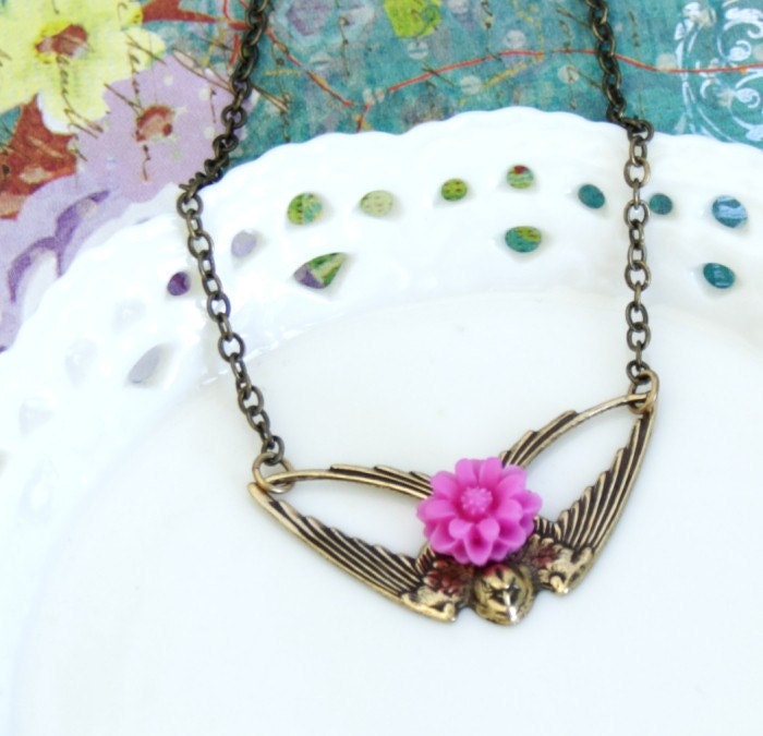 SALE, Vintage Style Bird Necklace - Brass With Magenta Pink Flower and Brass Bird
