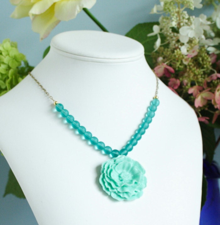 Statement Necklace, Aqua Flower Statement Necklace With Brass Chain - Beautiful and Feminine, Floral Accessories