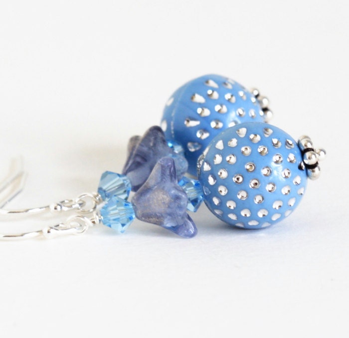 Blue Earrings - Dangle Earrings - Vintage Blue Silver Dotted Beads, Drop Earrings