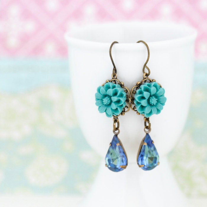 Teal Flower Earrings - Green Blue Vintage Jewels - Teal Earrings, Drop Earrings, Memorial Day Sale