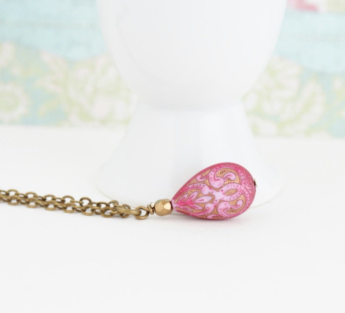 Pink Necklace, Gold Inlaid Moroccan Style Vintage Lucite Bead on Brass Chain - JacarandaDesigns