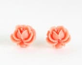 Stud Earrings - Coral Orange - Rosebud Earrings - Pretty Flower Earrings - Summer Fashion, Drop Earrings, Memorial Day Sale