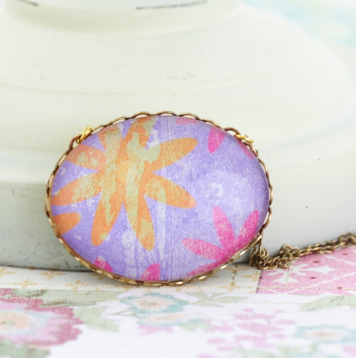 Starburst Necklace, Sunny Orange, Purple and Pink Oval Pendant Necklace - JacarandaDesigns