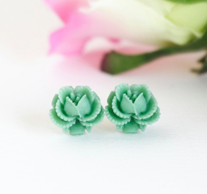 Miniature Flower Earrings, Green Rosebud Earrings, Drop Earrings