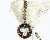 Brass Bird Nest Necklace - Ivory Pearl Eggs Nest Necklace - Gift For Mom - Wire Wrapped - Nature Jewelry