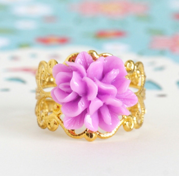 Pretty Lilac Flower Ring - Gold Plated - Adjustable Filigree Ring, Memorial Day Sale