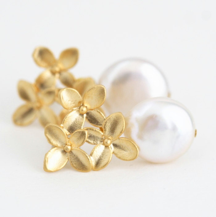 Earrings, Ivory Pearl and Gold Hydrangea Bouquet Earrings Perfect For The Bride, Memorial Day Sale