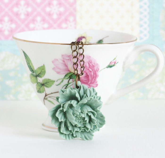 Seafoam Peony Necklace - Flower Necklace - Peony Pendant - Seafoam Green With Brass Chain - Summer Fashion, Floral Accessories