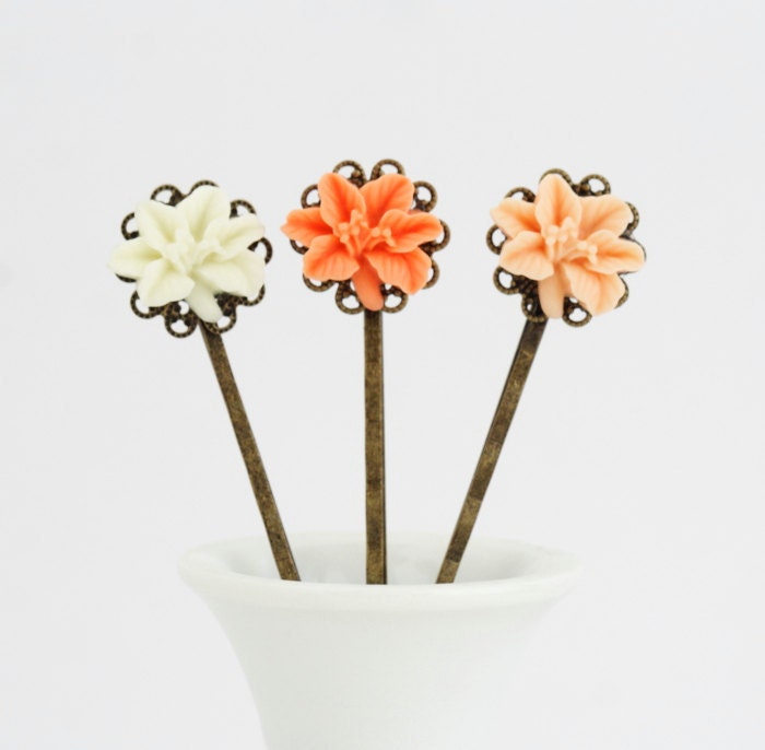 Sale - Flower Hair Pins - Bobby Pins - Vintage Style Flowers - Antique Brass - Orange Apricot Peach, Memorial Day Sale