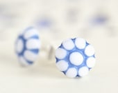 Tiny Blue and White Earrings  - Small Floral Baby Blue and White Earrings - Silver Plated Posts