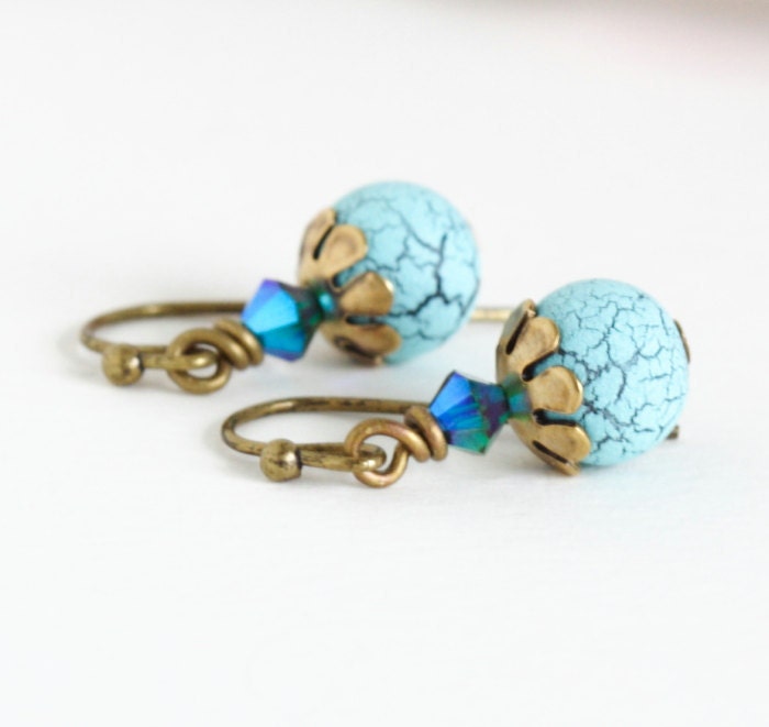 Turquoise Earrings, Birds Egg Earrings, Turquoise Crackle Egg Earrings, Swarovski Crystal, Drop Earrings, Memorial Day Sale