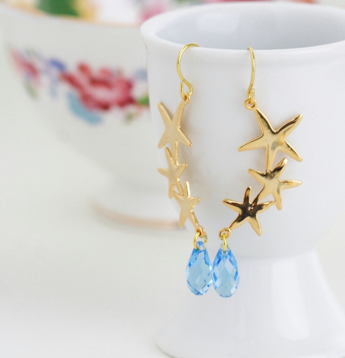 SALE, Gold and Blue Starfish Earrings, Blue Crystal Earrings, Gold Earrings, Beach Wedding