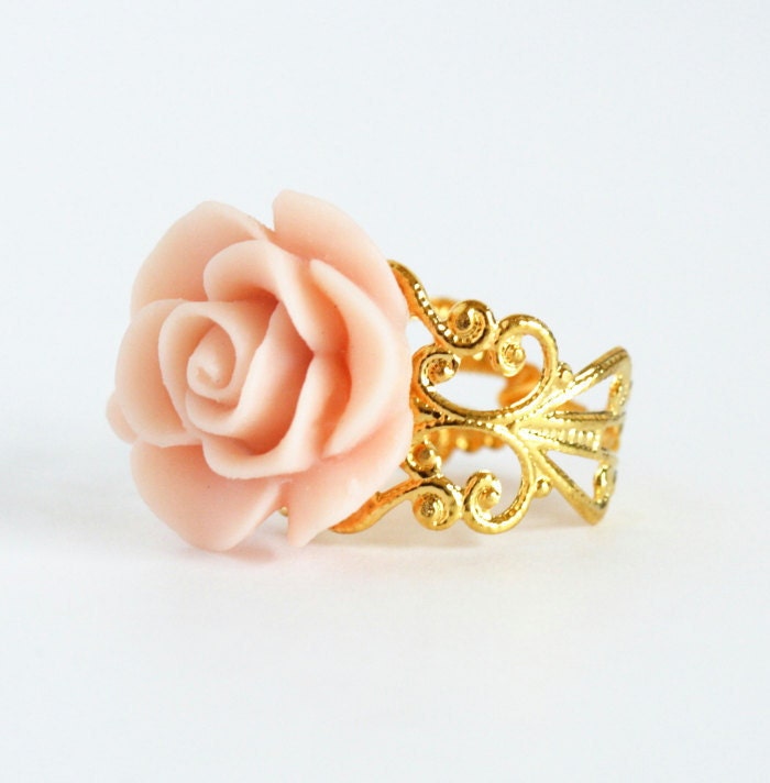 Pink Flower Ring - Gold Plated Adjustable Filigree Ring With Baby Pink Flower, Memorial Day Sale