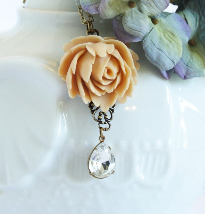 Statement Necklace, Flower Necklace, Beige Rose Necklace With a Beautiful Clear Vintage Crystal Jewel