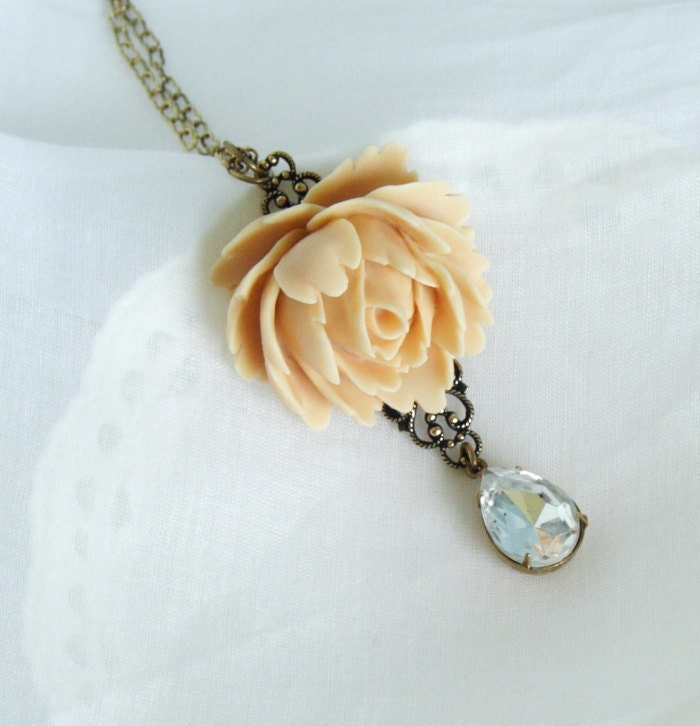 Statement Necklace, Flower Necklace, Beige Rose Necklace With a Beautiful Clear Vintage Crystal Jewel