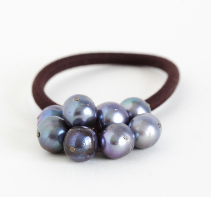 Beaded Hair Elastic With Blue Grey Pearl Beads - Ponytail Holder - Very Elegant