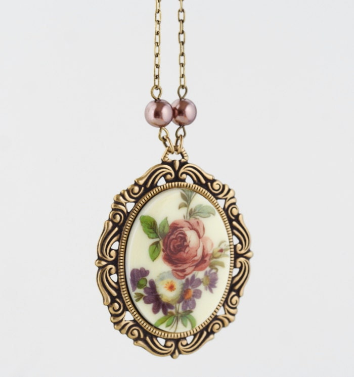 Flower Cameo Necklace, Cameo Pendant, Spring Flowers, Brass Frame Cameo