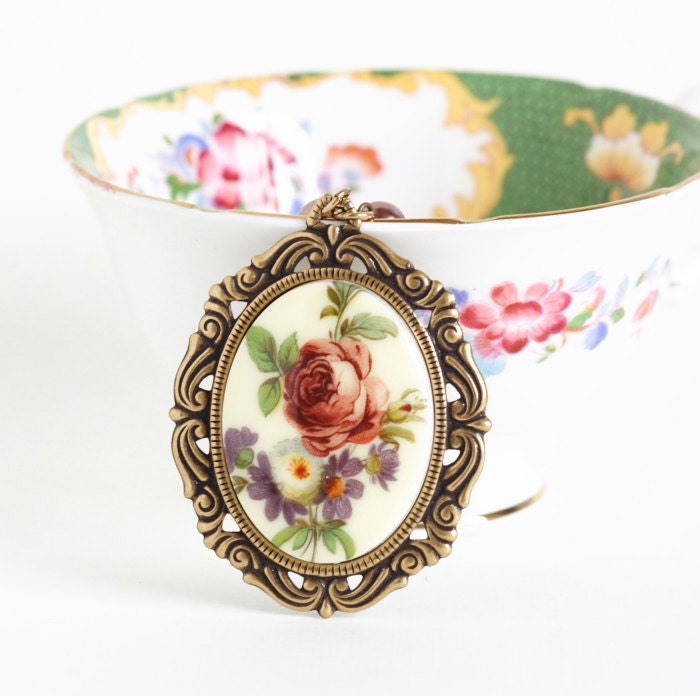 Flower Cameo Necklace, Cameo Pendant, Spring Flowers, Brass Frame Cameo