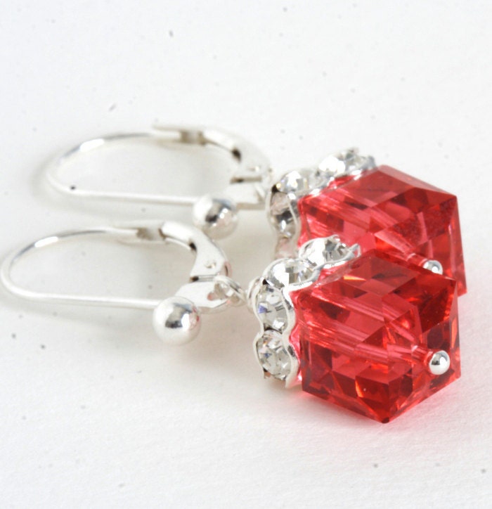 Coral Red Crystal Earrings, Sterling Silver, Wedding, Bridesmaids, Handmade Earrings, Drop Earrings
